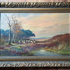 ca 1940s/ 1950s a Lovely Antique Middle Size Colourful Dutch Landscape Sheep and Shepard Oil Painting Canvas- Signed