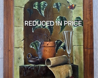 Ca 1940s a Beautiful Big Intriguing Shape British Still Life Oil Painting on a ( oak?) Heavy Wooden Panel