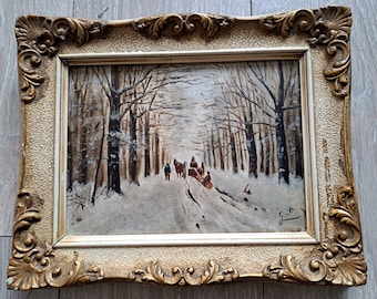 Vers les années 1920/30, un paysage d'hiver antique très intrigant avec des chevaux et des chiens de traîneau (?) Sur un panneau en bois - Signé