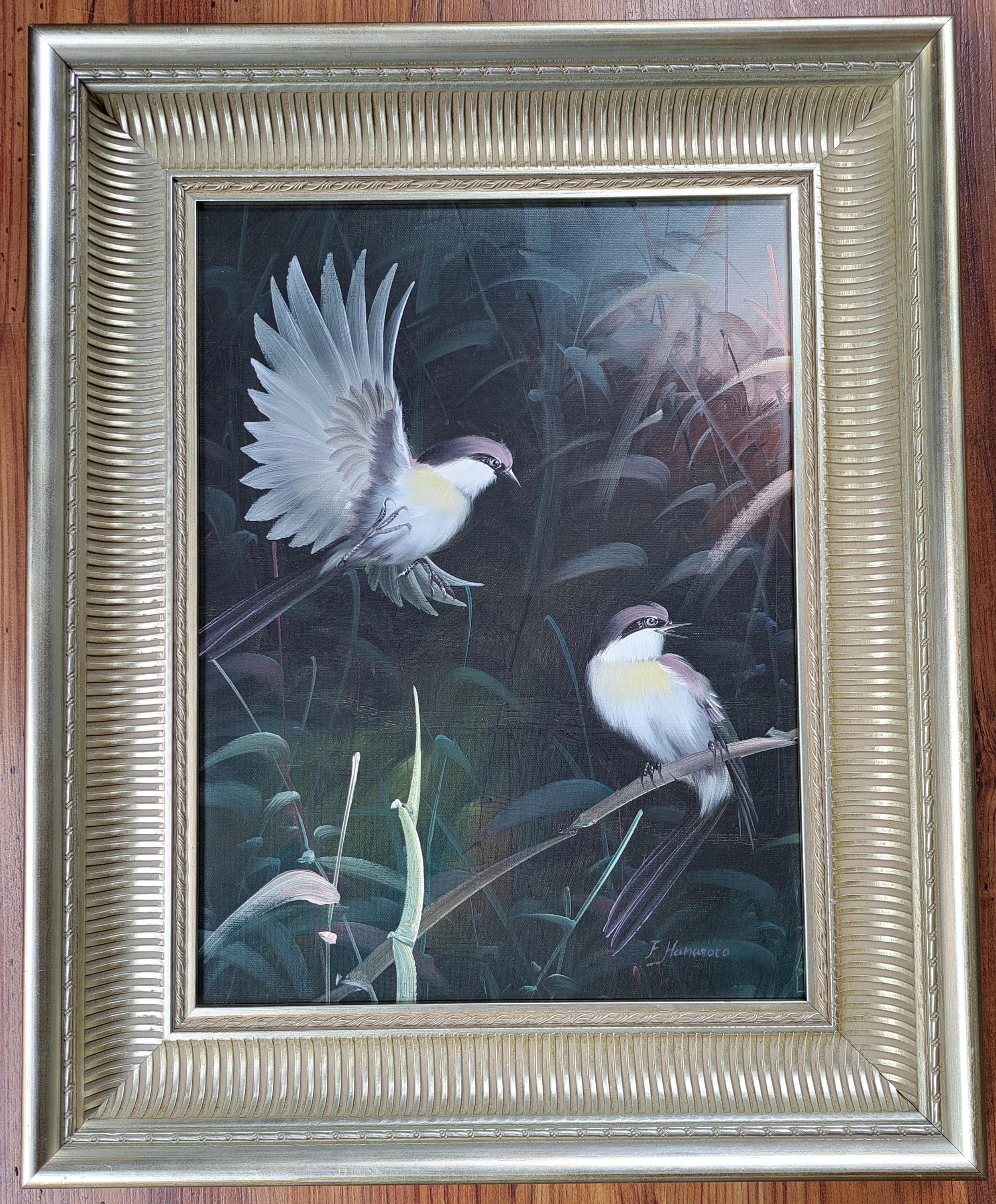 素晴らしく美しい、かなり大きな2羽の鳥の油絵。キャンバスに描かれて