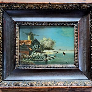 ca 1940s a Very Cute Small Dutch Windmill Ice-skaters Winterscene Oil Painting on a Wooden Panel