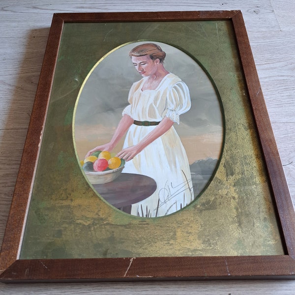 Eine faszinierende bunte Antik ich denke, Mixed Media Gemälde einer Dame mit etwas Frute