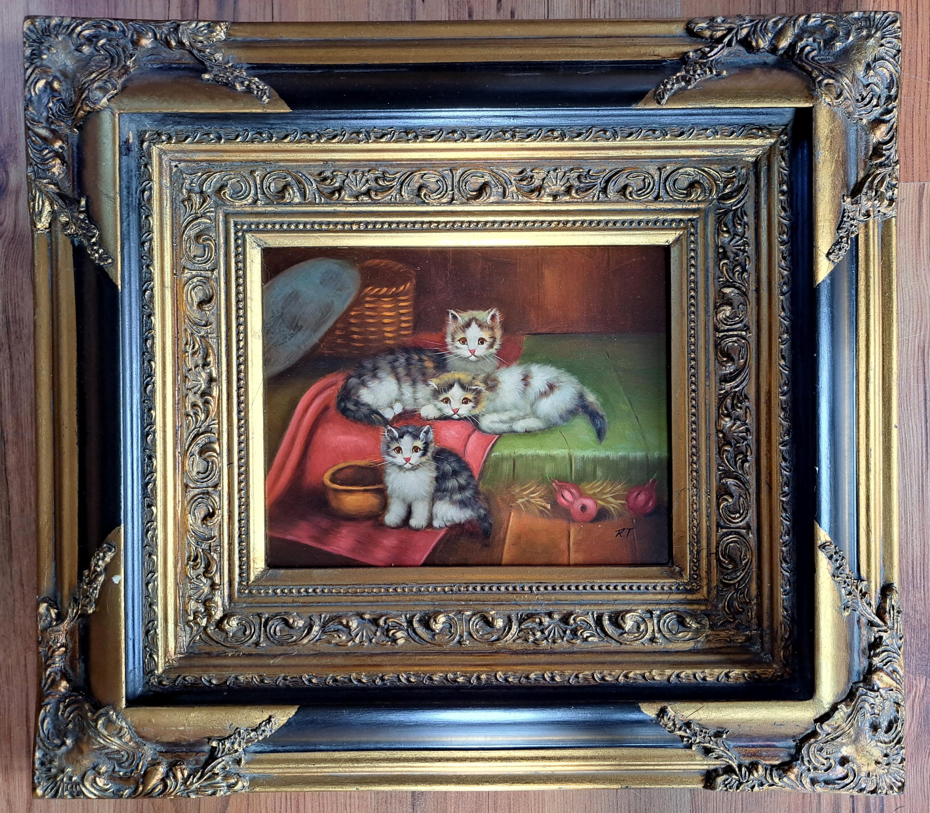 a Lovely Middle Size 3 Kitten Oil Painting on a Wooden Panel Signed RT ( Renee Tempur (?) Biggs and Sons Carvers Gilders London UK