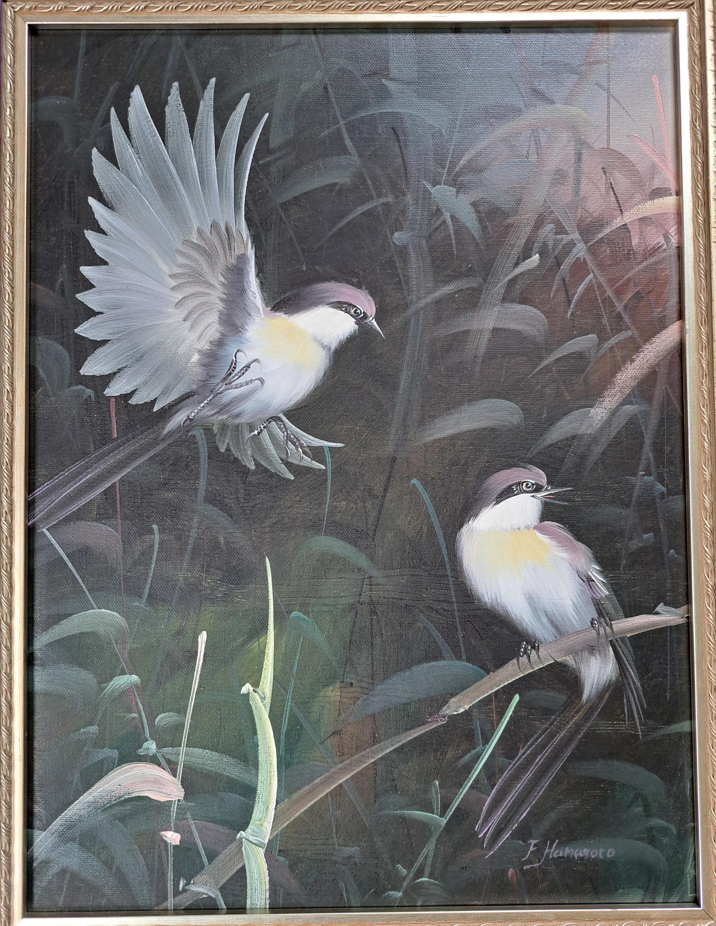 素晴らしく美しい、かなり大きな2羽の鳥の油絵。キャンバスに描かれて
