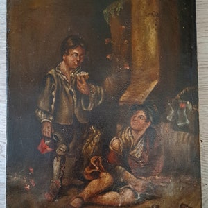 Ca 1890s/ 1900s an Intriguing Small Antique Dutch Genre Oil Painting on Canvas