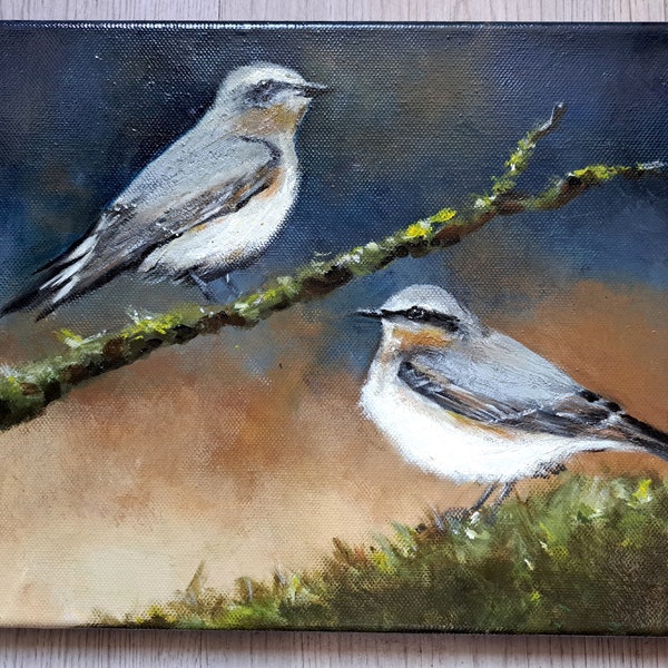 a Lovely Oil Painting on Canvas of Two Eurasian Nuthatchers