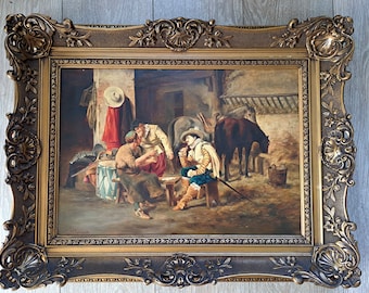 1890 年代頃、美しいアンティークの 4.4 キロの重量のあるドイツの風俗画。馬小屋でカードゲームをする人々を描いたもの。J.Bernardi (Joseph Bernardi?) の署名入り。