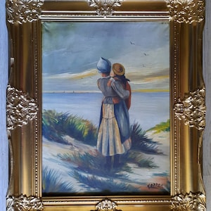 a Beautiful Antique Romantic Dutch Middle Sized Oil Painting of a Woman with Child waiting for fishermen to come Home