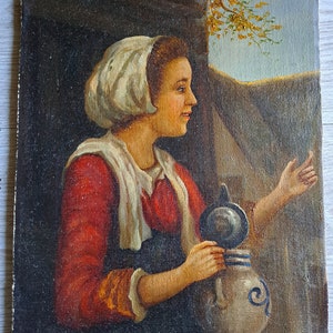 a Lovely Small Antique Dutch Oil Painting of a Farm Lady with a Jug made on a wooden Panel
