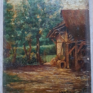 Ca 1920s/ 30s a Very Cute Small Antique Dutch Cottage Barn Oil Painting on a Wooden Panel- Signed