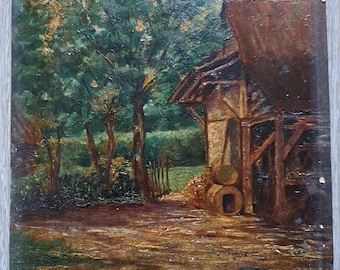 Années 1920/30, une très jolie petite grange ancienne hollandaise, peinture à l'huile sur panneau en bois - Signée