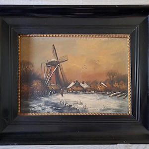 ca 1920s/ 30s Winter in the Netherlands a Lovely Antique Dutch Windmill Winter Landscape Oil Painting on a Wooden Panel- Signed