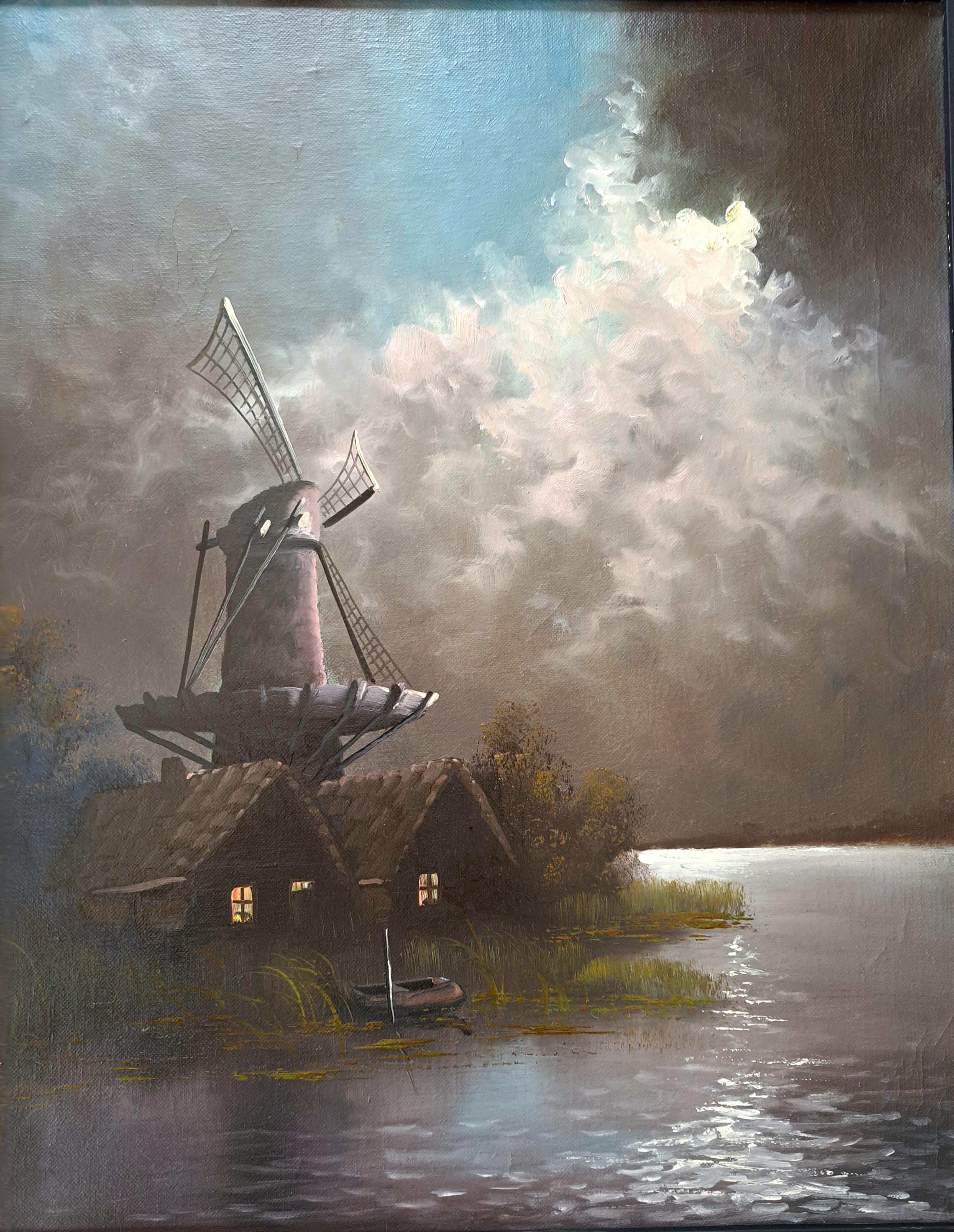 風車と威嚇的な空を描いた、美しく大きな典型的なオランダの風景画