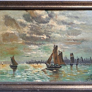 August 1937 Holländische Seelandschaft bei Einbruch der Nacht - Ölgemälde auf Holz