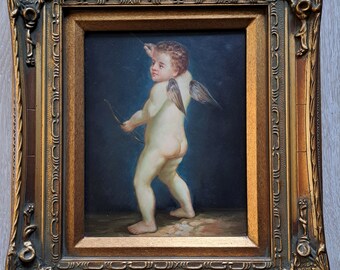 a Truly Marvelous Old Cupid Oil Painting on a Wooden Panel, kept it for years but never shot a arrow in my back so I had to fire him