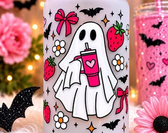 Halloween Ghost Iced Coffee Cup | 16oz Libbey Glass Tumbler with Bamboo Lid