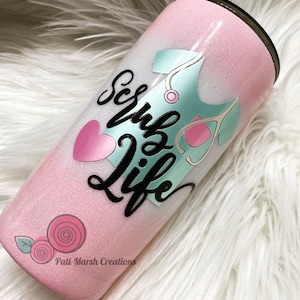 Scrub life tumbler, custom glitter dipped, skinny/traditional travel tumbler with lid