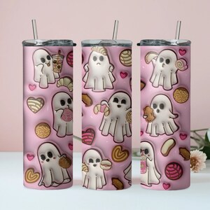 May include: A pink tumbler featuring a repeating pattern of cartoon ghosts with various baked goods and drinks. The ghosts are white with black eyes and are holding croissants, cookies, and other treats. The tumbler has a silver straw.