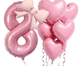 Pink Number Balloon Bouquet with Bow and Hearts – Birthday Photo Prop