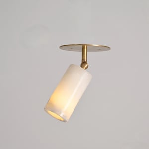 May include: A modern ceiling spotlight fixture. It features a cylindrical, off-white shade and a brass-colored mounting plate and arm. The light is angled downward, illuminating the interior of the shade. The fixture is designed for indoor use.