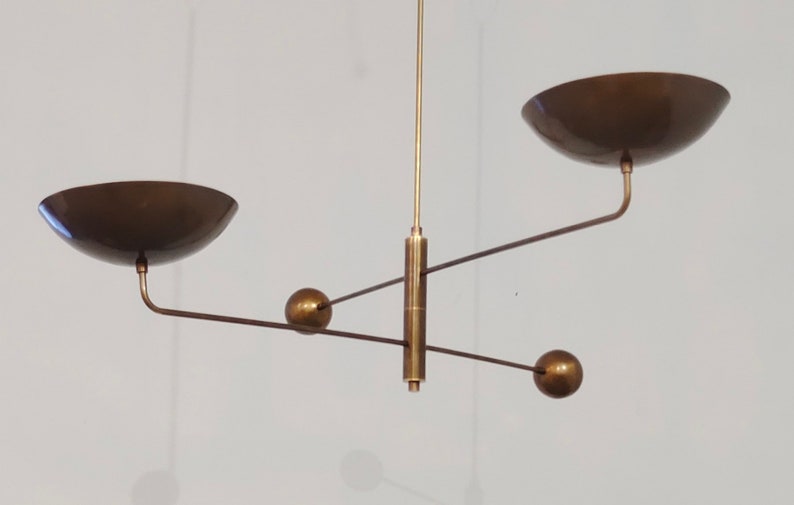 2 Light Curved Pendant Mid Century Modern Raw Brass Sputnik chandelier light Fixture image 5