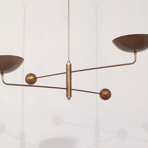 2 Light Curved Pendant Mid Century Modern Raw Brass Sputnik chandelier light Fixture