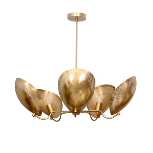 5 Light Curved Perforated Shades Pendant Mid Century Modern Raw Brass Sputnik chandelier light Fixture