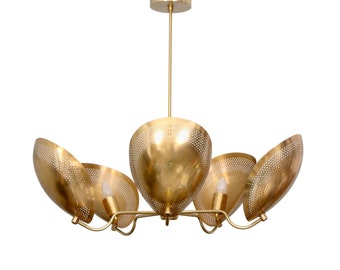 5 Light Curved Perforated Shades Pendant Mid Century Modern Raw Brass Sputnik chandelier light Fixture