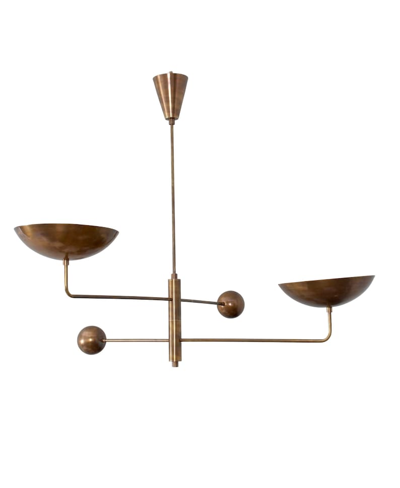 2 Light Curved Pendant Mid Century Modern Raw Brass Sputnik chandelier light Fixture image 7