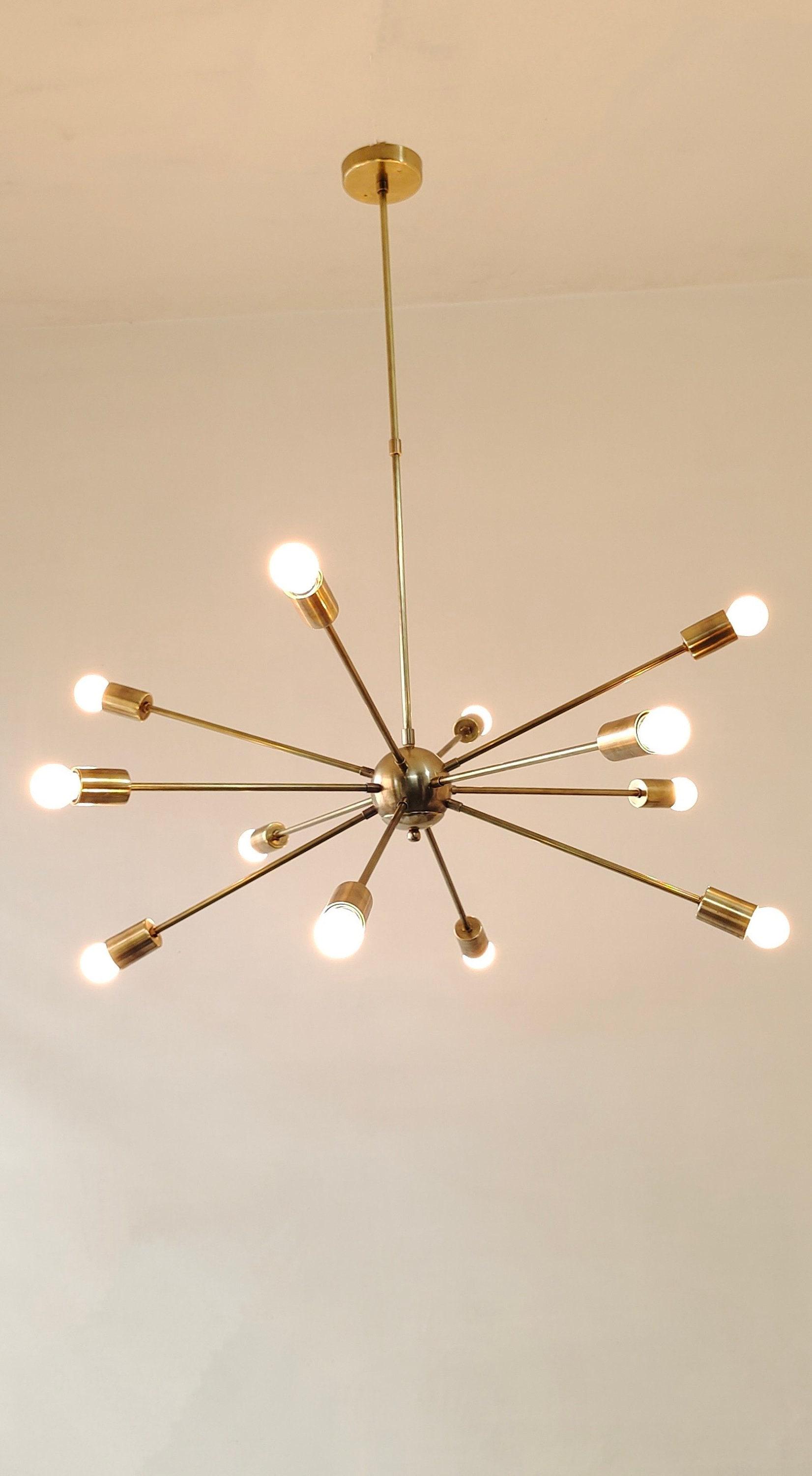 Lustre Spoutnik 12 Bras En Laiton - Abat-jour Multicolores - Style Mid-Century Modern - Neuf