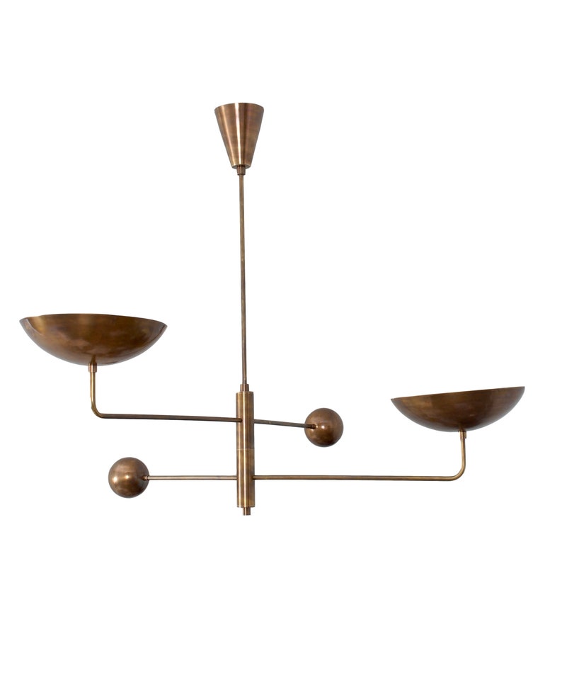 2 Light Curved Pendant Mid Century Modern Raw Brass Sputnik chandelier light Fixture image 2