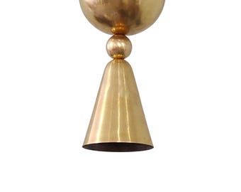 May include: A gold-toned ceiling light fixture with a round, bowl-shaped top and a cone-shaped bottom.