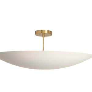 May include: A white, saucer-shaped ceiling light fixture with a brass canopy and a single downrod.