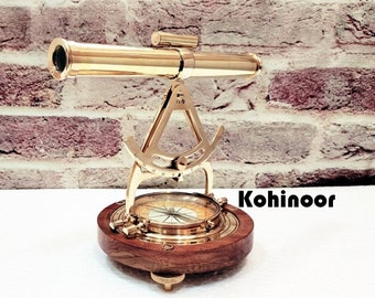 Brass Alidade Telescope With Navigation Compass Transit surveying Instrument With Wooden Base 14 inch Alidade Best For Christmas Gifting