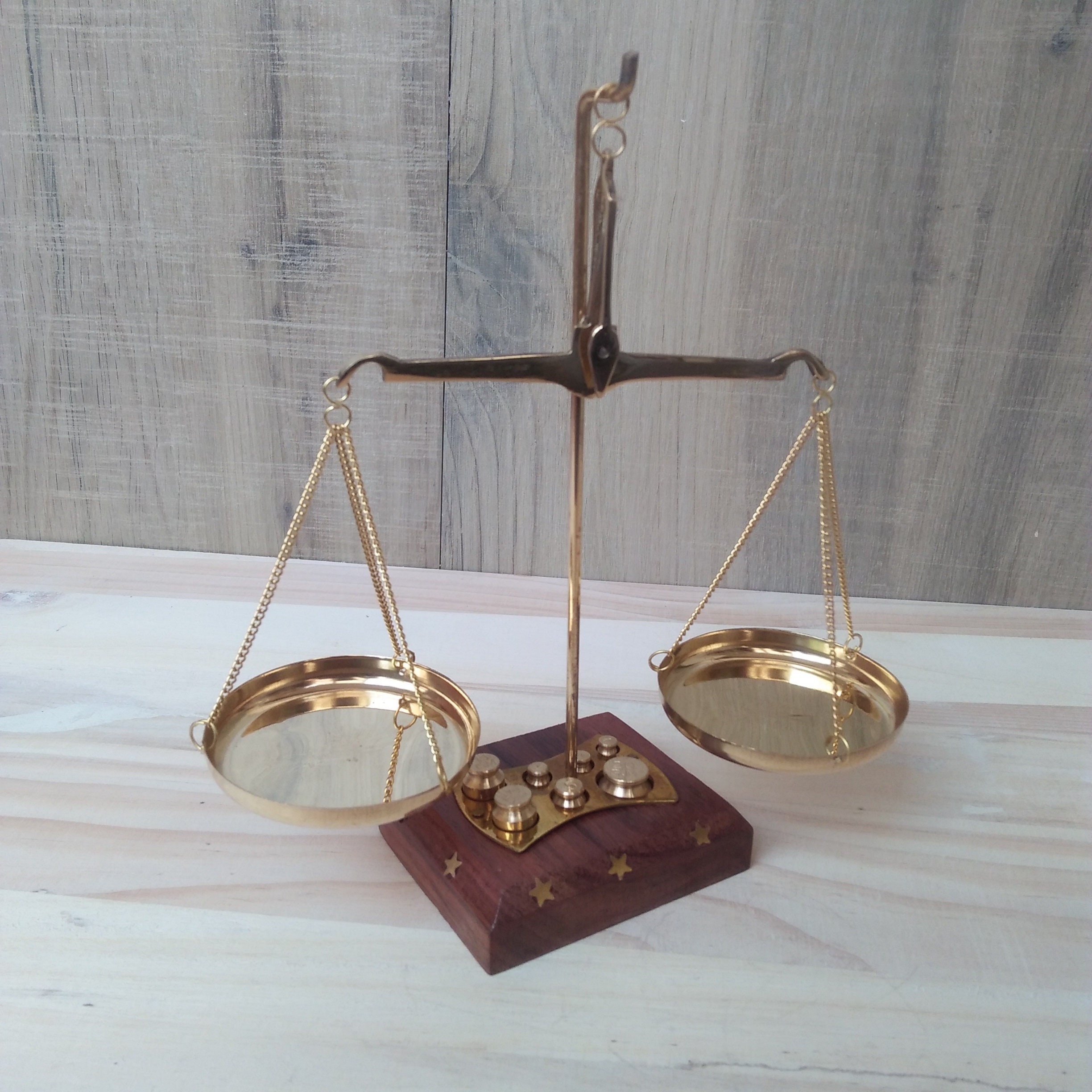 Vintage Gold and Diamond Weighing Scales/Brass & Wood Balance Scale  Collectible