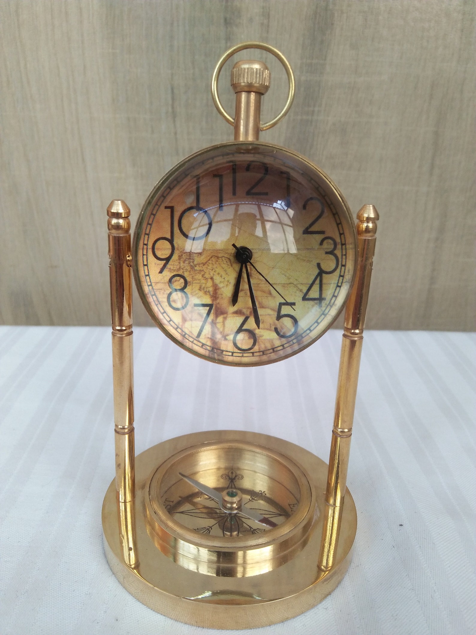 Handmade vintage decor Brass Clock with Compass on base Table Etsy