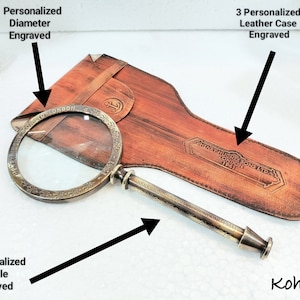 Personalized Brass Magnifying Glass with Engraved Handle & Leather Case