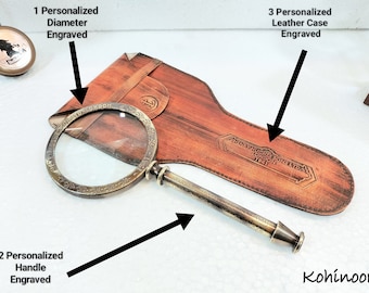 Personalized Brass Magnifying Glass with Engraved Handle & Leather Case