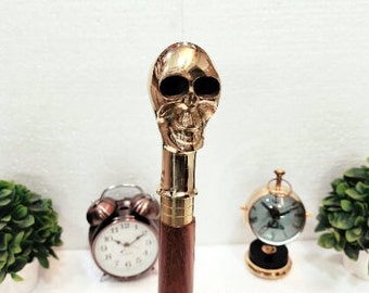 Walking Stick Brass Skull Head Handle Walking Stick Walking Cane 3 Part Open Accessories Spare Part best for Christmas Gifting