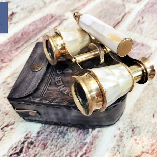 Brass Binocular Functional Opera Glasses Mother Of Pearl Binocular-Spyglasses With Beautifully Made Genuine Leather Case Christmas Gift