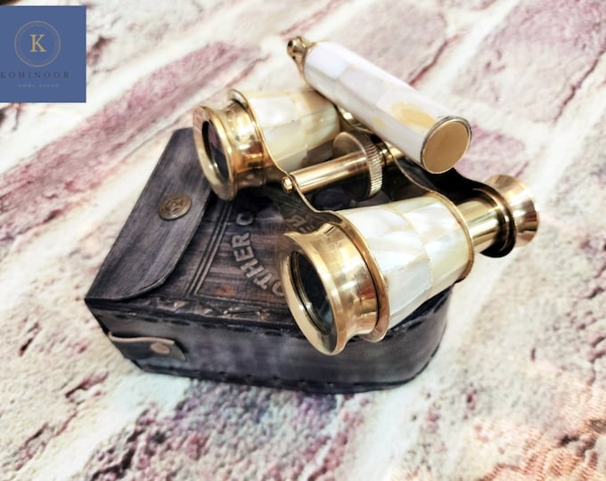 Brass Opera Glasses: Mother of Pearl Binoculars with Leather Case