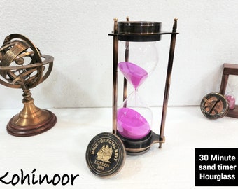 Personalized Brass Hourglass with Compass: 30-Minute Pink Sand Timer
