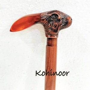 Engraved Rabbit Head Walking Cane: Personalized Designer Wood Stick
