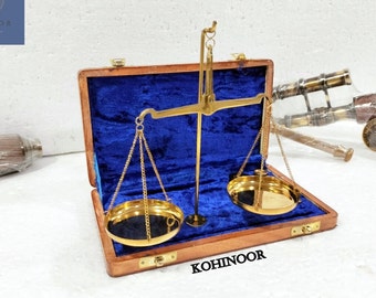 Personalized Antique Style Gold and Diamond Weighing Scales//Brass Balance Scale//Made in India Brass Gold Scales With Wooden Box Scales