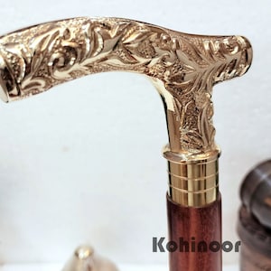 Personalized Engraved, Walking Stick, Brass And wooden cane, Designer handle Walking Cane, Foldable Cane, Men&#39;s Gift, Husband Gift