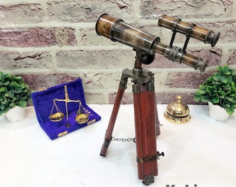 Exquis télescope en laiton, télescope à double canon, télescope trépied en bois télescope de pendaison de crémaillère, cadeau de retraite, cadeau d'anniversaire