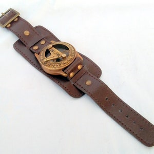 Brass Sundial Wrist Watch: Brown Leather Band, Collectible Compass