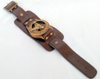 Brass Sundial Wrist Watch: Brown Leather Band, Collectible Compass