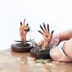 Pan's Labyrinth Pale Man Hands Miniature under a tiny glass dome, held by a hand, El Laberinto Del Fauno taxidermy Diorama by Guillermo Del Toro by modelmaker Stefanie Bonte