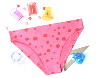 Hot pink Chemistry panties to show off | Science undies with molecules atoms, fun and cute geeky underwear and only The Best sexy Nerdy gift